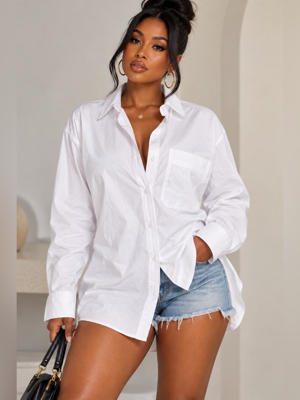 Zara White 100% Cotton Oversized Button Down Shirt Pocket Long Sleeve